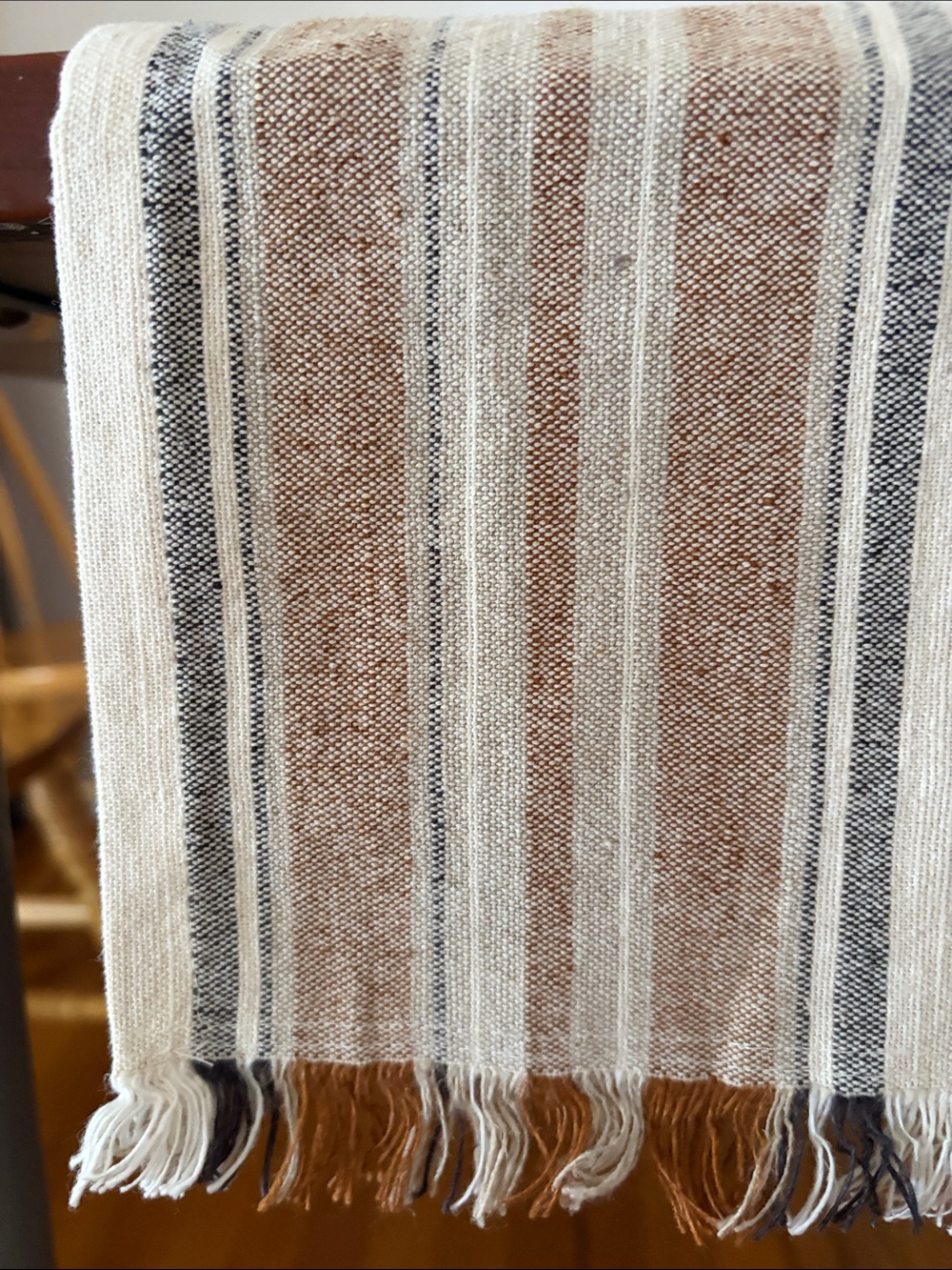 Neutral Striped Table Runner with Fringe Farmhouse Rustic Dining Décor - Picture 5 of 7